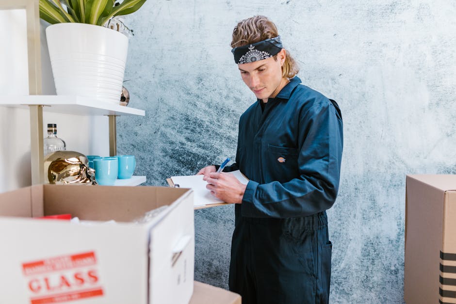 A stack of variously sized cardboard boxes, some sealed with packing tape and others partially open, are arranged on a wooden shelving unit and on the floor inside a storage area or garage. The boxes